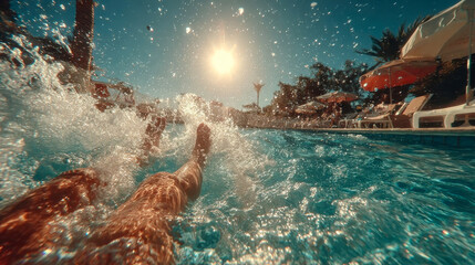 Point-of-view perspective of legs kicking in a sunlit swimming pool with water droplets suspended mid-air