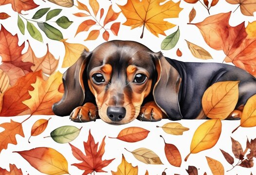 cute brown dachshund dog in fall leaves watercolor illustration festive card, hello autumn 