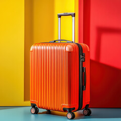 A bright orange suitcase with wheels sits on a colorful background. The suitcase is the main focus of the image, and its bright color contrasts with the surrounding colors, creating a sense of energy
