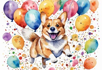 happy birthday card with a cute corgi dog and colorful balloons. festive watercolor illustration. Dogs postcard. 