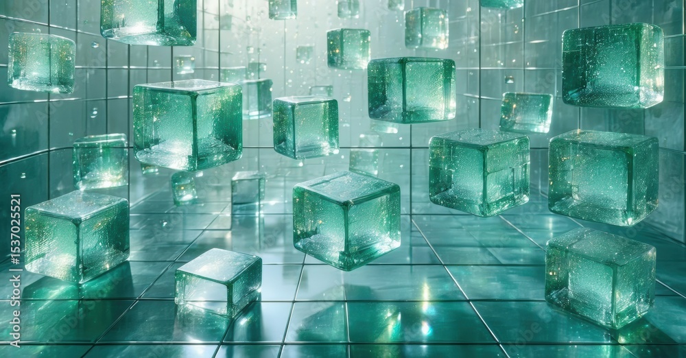Poster Abstract room filled with glowing turquoise cubes. Reflections create infinite depth, futuristic aesthetic. Minimalist design, serene atmosphere.
