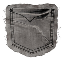 Piece of torn denim on a white background. Denim texture. Pocket