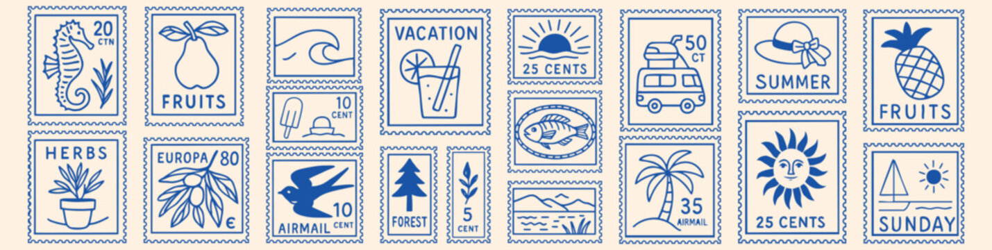 Vector set of hand-drawn tropical summer prints featuring vintage-style surf stickers and travel stamps. Includes nautical logotypes, sun symbols, palm trees, sea waves, and Hawaii vacation motifs.