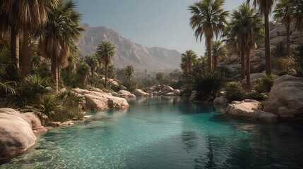 Lush desert oasis with clear turquoise waters