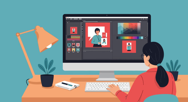 Graphic Design Woman Editing Photos on Computer - Powered by Adobe