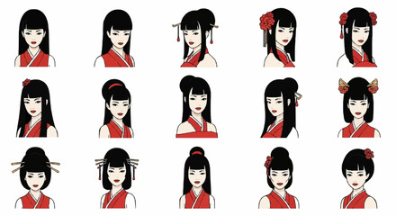 Vector set of traditional japanese women hair