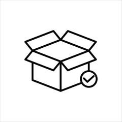 Package delivered confirmation icon. Package with checkmark, linear icon. Verified or successfully delivered parcel. Isolated on white background.