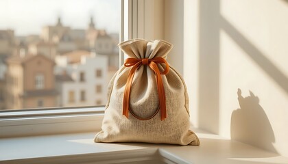 Beige linen gift bag with orange ribbon on windowsill