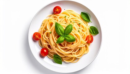 spaghetti on a plate. spaghetti tomatoes, onions isolated on white