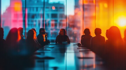 Strategic meeting collaboration urban office professional gathering bright environment silhouetted viewpoint