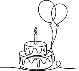continuous single line drawing of birthday cake with candle and balloons in black line art on white background