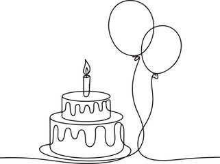 continuous single line drawing of birthday cake with candle and balloons in black line art on white background