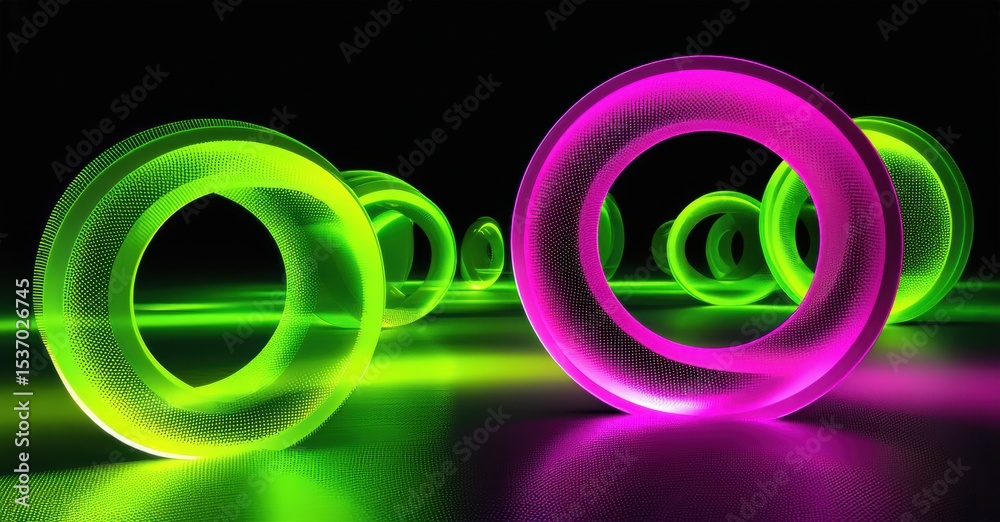 Poster bright rings, green plus pink hues, create abstract light patterns. minimalist design, dark backgrou