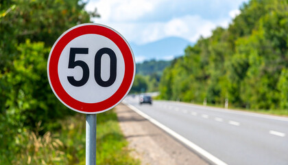 Traffic sign 50 km h maximum, speed limit for speeding vehicles. Blurred natural backdrop.