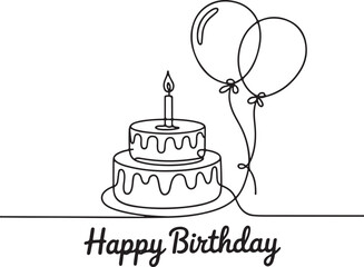 continuous single line drawing of birthday cake with candle and balloons in black line art on white background