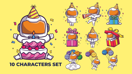 Set of 10 party astronaut characters perfect for mascot logo, promotion ad elements, and flyer design invitation