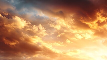 Obraz premium Dramatic sunset sky filled with vibrant clouds reflecting warm hues over a serene landscape