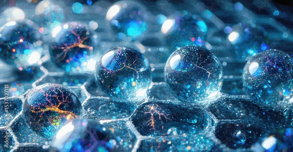 Poster Blue spheres rest upon hexagonal grid. Light reflects, creating sparkling, cosmic effect. Details suggest fractured interiors, vibrant colors.