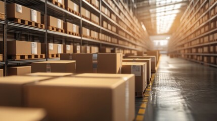 Warehouse inventory management large storage facility product photography industrial environment wide angle view efficiency concept