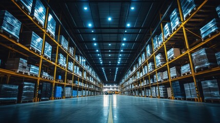 Fototapeta premium Efficient warehouse operations industrial facility stock management interior wide-angle view logistics optimization