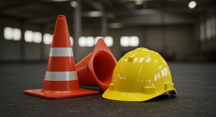 Workplace Safety: Helmet and Traffic Cones - Construction helmet and traffic cones symbolize workplace safety, road safety, caution, protection, and hazard awareness