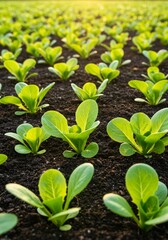 Young Lettuce Plants in a Row - Lush green lettuce seedlings thrive in rich soil, symbolizing growth, freshness, healthy eating, agriculture, and nature's bounty