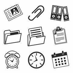 Office supplies icons time management organization business workplace