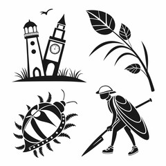 Naklejka premium Black and white illustration stylized icons lighthouse clock plant bug warrior