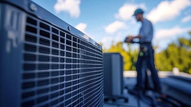 Hvac technician working on rooftop air conditioning unit industrial site action shot clear sky outdoor perspective