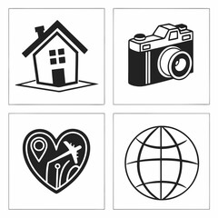 Travel icons home camera heart globe airplane location map