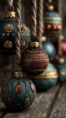 Decorative ornaments hanging on wooden background for festive celebration during winter season