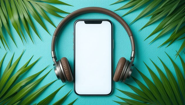 Summer vibes smartphone and headphones with palm leaves