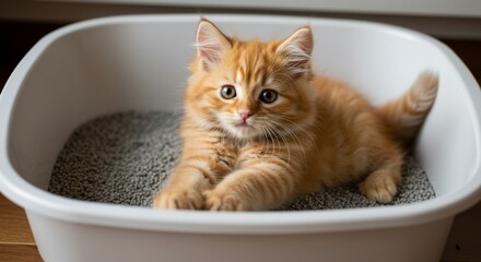 Adorable Kitten in Clean Litter Box - Cute ginger kitten relaxing in a fresh litter box, showcasing cleanliness and pet care