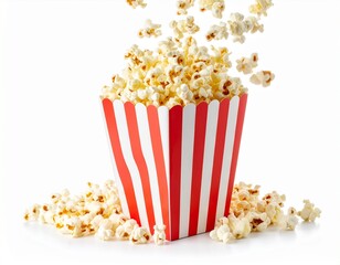 Popcorn flying out of red white striped paper box isolated on white background 