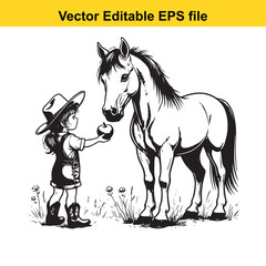 Girl with Cowboy Hat Offering Apple to Horse Black and White Vector Line Art Image in Natural Setting