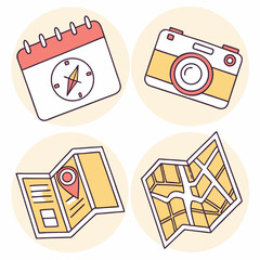 Travel planning icons calendar camera map compass navigation journey adventure vacation trip