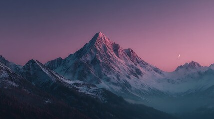 Obraz premium Majestic snow peaks rise under a pink hued sky.