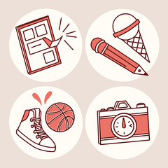 Fun colorful icons notebook pencil ice cream basketball shoes camera