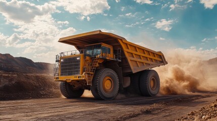 Obraz premium Heavy-duty dump truck in action mining site industrial vehicle dusty environment side view construction concept