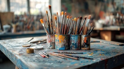 Creative art session with paintbrushes studio photography artistic environment close-up expression and inspiration