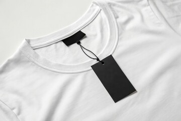 Apparel tag label mockup. A black paper label attached to the collar of a white t-shirt, showcasing a minimalist and modern fashion detail for branding purposes.