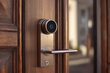 Modern smart lock system with integrated security camera installed on a dark stained wooden door for secure home access