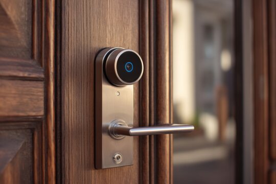 Modern smart lock system with integrated security camera installed on a dark stained wooden door for secure home access