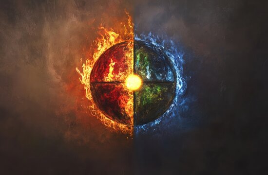 Fiery and icy sphere, divided into four quadrants,  flames and ice surround a central point