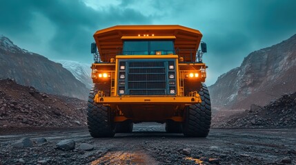 Massive mining truck in action mountain quarry industrial machinery rocky terrain front view heavy equipment operations