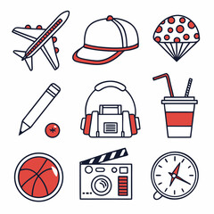 Travel adventure icons airplane cap parachute backpack pencil drink ball camera compass