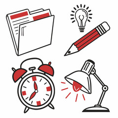Office supplies icons alarm clock pencil lamp idea folder documents