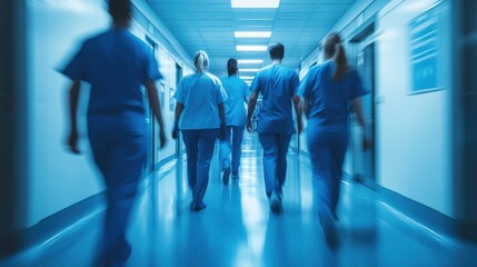 Healthcare professionals walking in hospital corridor medical environment teamwork blue lighting professional setting