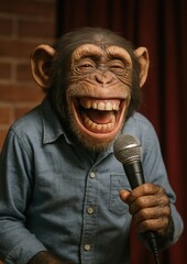 Chimpanzee comedian with microphone