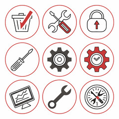 Nine red circle icons tools settings repair maintenance